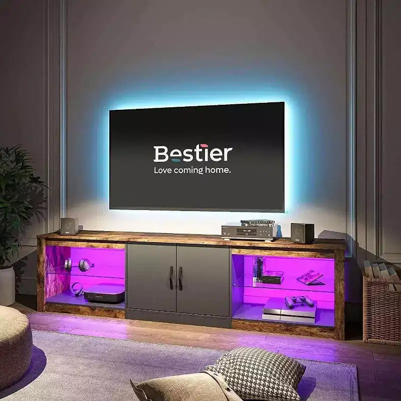 Mueble para TV de 70 pulgadas, para televisores de hasta 75 pulgadas, centro de entretenimiento y consola multimedia con estantes ajustables de vidrio templado y almacenamiento cerrado para la sala de estar