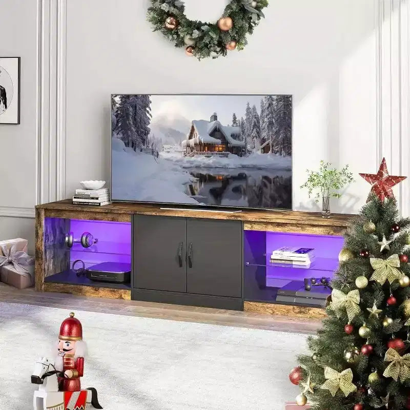 Mueble para TV de 70 pulgadas, para televisores de hasta 75 pulgadas, centro de entretenimiento y consola multimedia con estantes ajustables de vidrio templado y almacenamiento cerrado para la sala de estar