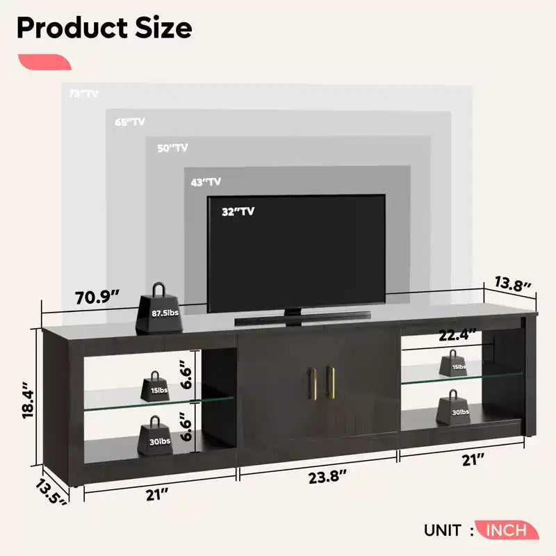 Mueble para TV de 70 pulgadas, para televisores de hasta 75 pulgadas, centro de entretenimiento y consola multimedia con estantes ajustables de vidrio templado y almacenamiento cerrado para la sala de estar