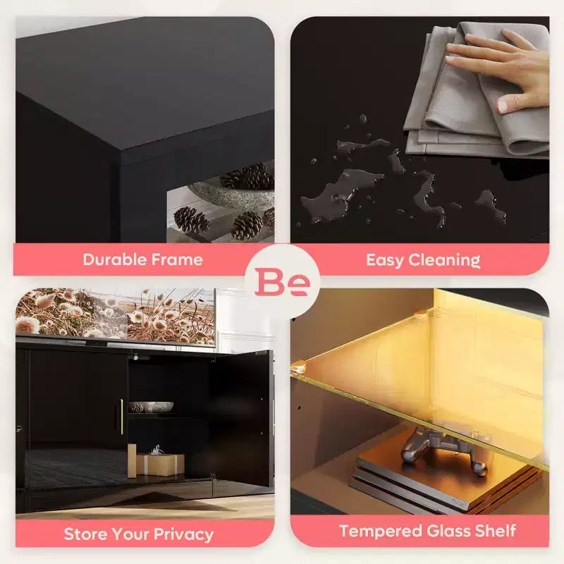 Mueble para TV de 70 pulgadas, para televisores de hasta 75 pulgadas, centro de entretenimiento y consola multimedia con estantes ajustables de vidrio templado y almacenamiento cerrado para la sala de estar