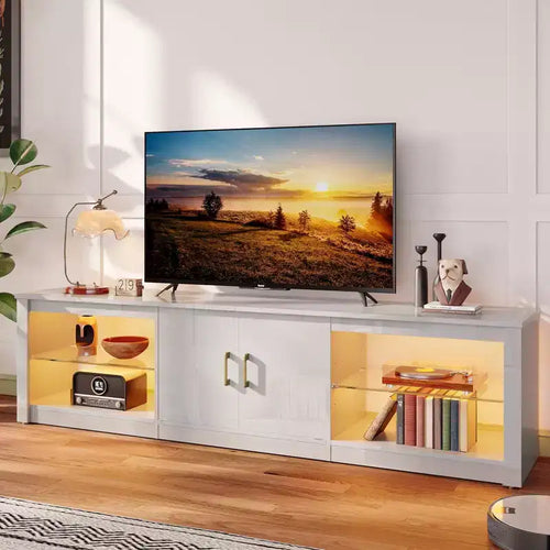 Meuble TV de 70 pouces pour téléviseurs jusqu’à 75 pouces, avec étagères réglables en verre trempé et rangements fermés pour le salon