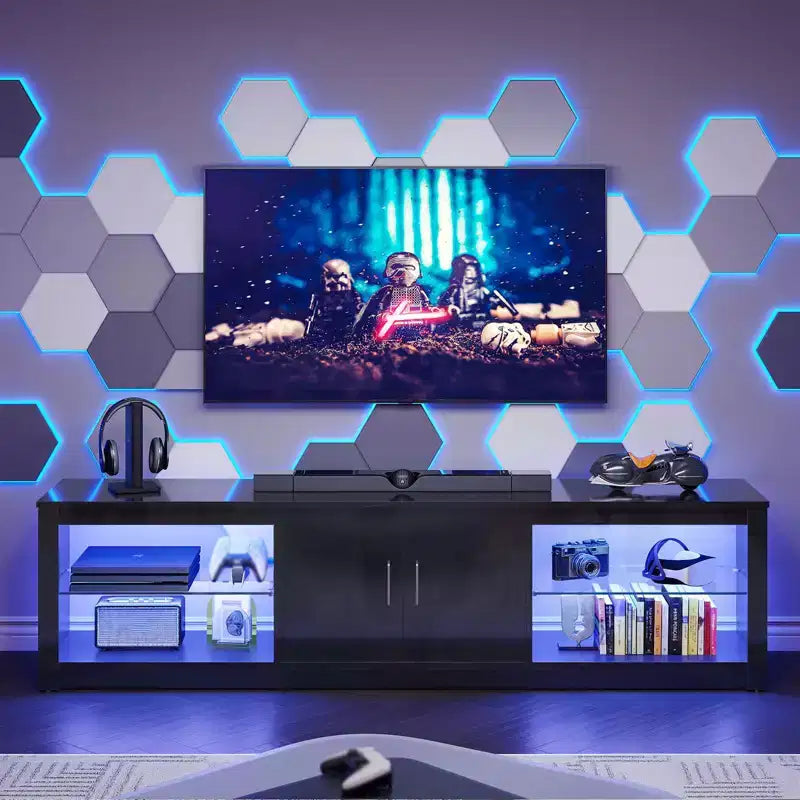 Mueble para TV de 70 pulgadas, para televisores de hasta 75 pulgadas, centro de entretenimiento y consola multimedia con estantes ajustables de vidrio templado y almacenamiento cerrado para la sala de estar