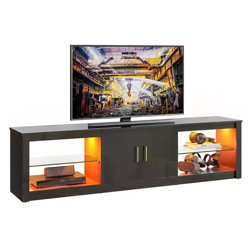 Mueble para TV de 70 pulgadas, para televisores de hasta 75 pulgadas, centro de entretenimiento y consola multimedia con estantes ajustables de vidrio templado y almacenamiento cerrado para la sala de estar
