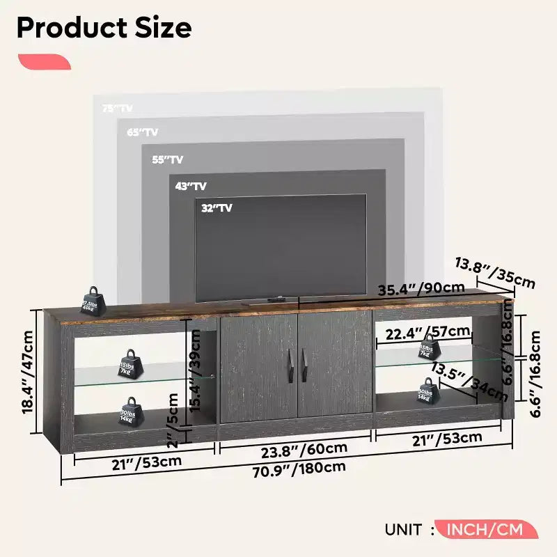 Mueble para TV de 70 pulgadas, para televisores de hasta 75 pulgadas, centro de entretenimiento y consola multimedia con estantes ajustables de vidrio templado y almacenamiento cerrado para la sala de estar
