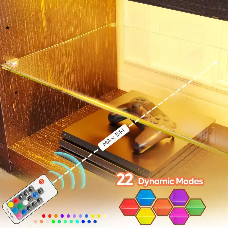 Mueble para TV de 70 pulgadas, para televisores de hasta 75 pulgadas, centro de entretenimiento y consola multimedia con estantes ajustables de vidrio templado y almacenamiento cerrado para la sala de estar