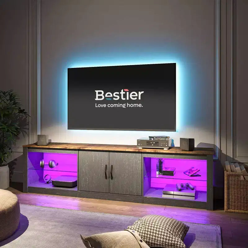 Mueble para TV de 70 pulgadas, para televisores de hasta 75 pulgadas, centro de entretenimiento y consola multimedia con estantes ajustables de vidrio templado y almacenamiento cerrado para la sala de estar