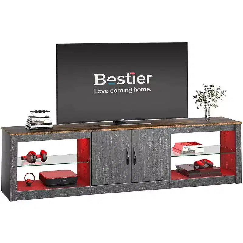 Mueble para TV de 70 pulgadas, para televisores de hasta 75 pulgadas, centro de entretenimiento y consola multimedia con estantes ajustables de vidrio templado y almacenamiento cerrado para la sala de estar
