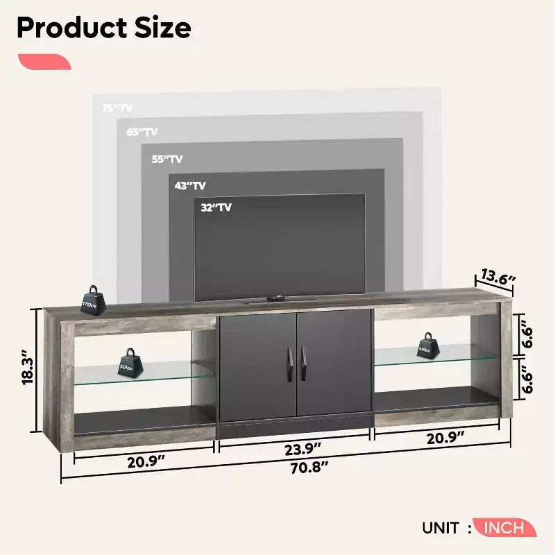 Mueble para TV de 70 pulgadas, para televisores de hasta 75 pulgadas, centro de entretenimiento y consola multimedia con estantes ajustables de vidrio templado y almacenamiento cerrado para la sala de estar
