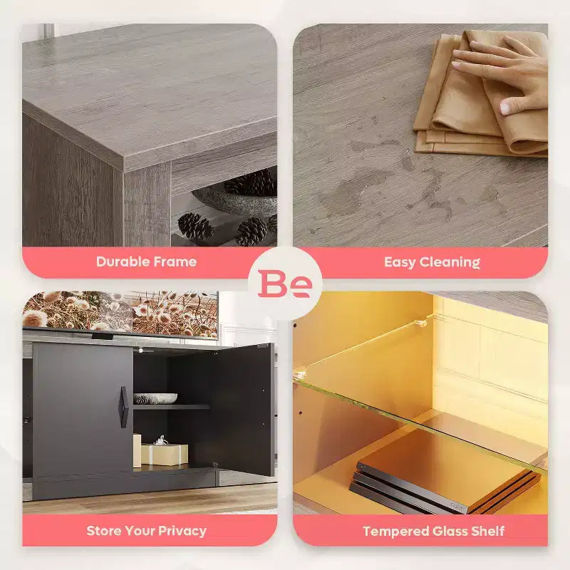 Mueble para TV de 70 pulgadas, para televisores de hasta 75 pulgadas, centro de entretenimiento y consola multimedia con estantes ajustables de vidrio templado y almacenamiento cerrado para la sala de estar
