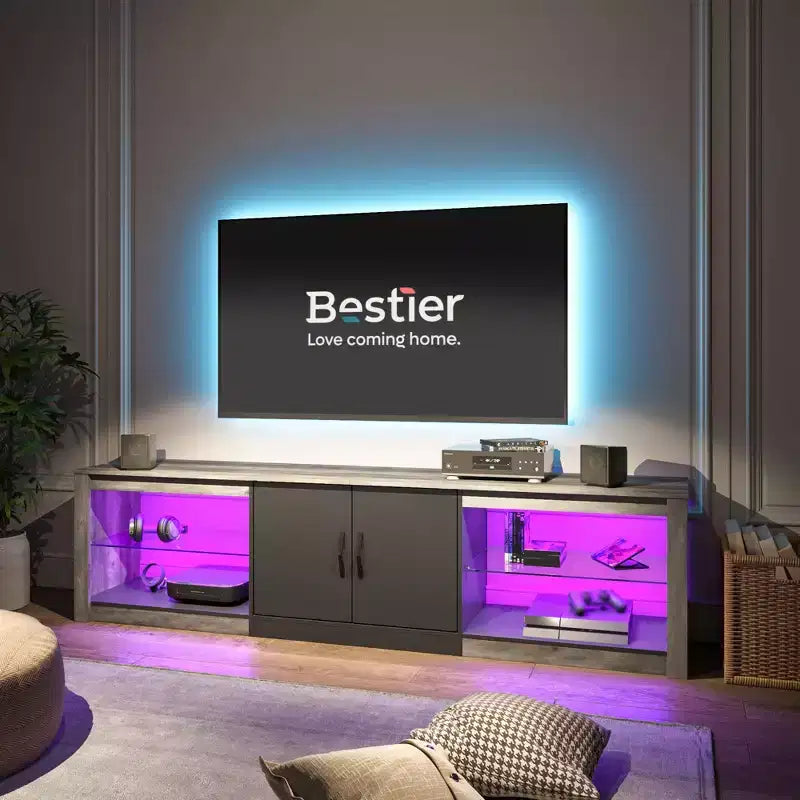 Mueble para TV de 70 pulgadas, para televisores de hasta 75 pulgadas, centro de entretenimiento y consola multimedia con estantes ajustables de vidrio templado y almacenamiento cerrado para la sala de estar