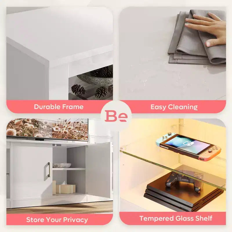 Mueble para TV de 70 pulgadas, para televisores de hasta 75 pulgadas, centro de entretenimiento y consola multimedia con estantes ajustables de vidrio templado y almacenamiento cerrado para la sala de estar