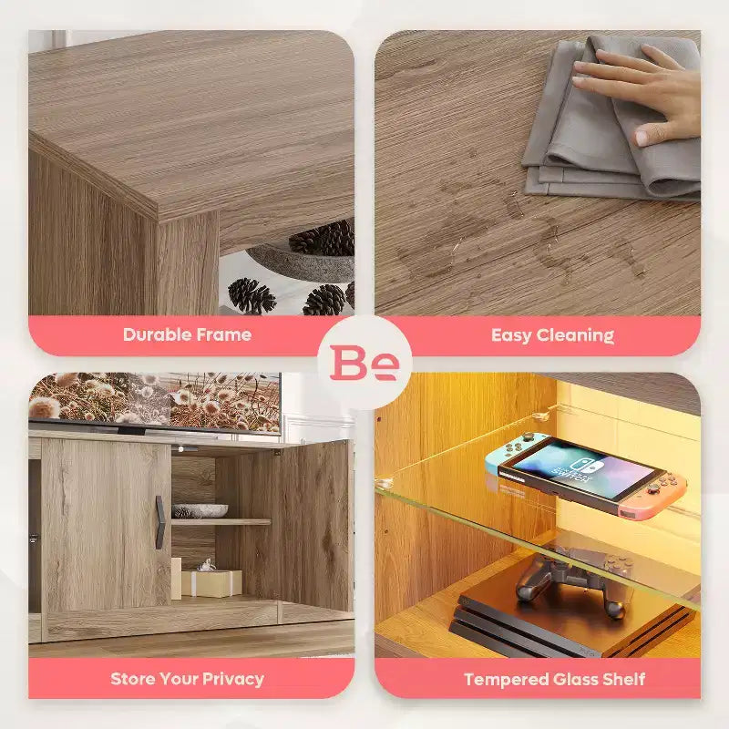 Mueble para TV de 70 pulgadas, para televisores de hasta 75 pulgadas, centro de entretenimiento y consola multimedia con estantes ajustables de vidrio templado y almacenamiento cerrado para la sala de estar