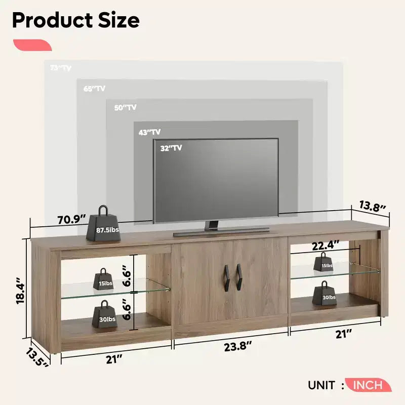 Mueble para TV de 70 pulgadas, para televisores de hasta 75 pulgadas, centro de entretenimiento y consola multimedia con estantes ajustables de vidrio templado y almacenamiento cerrado para la sala de estar