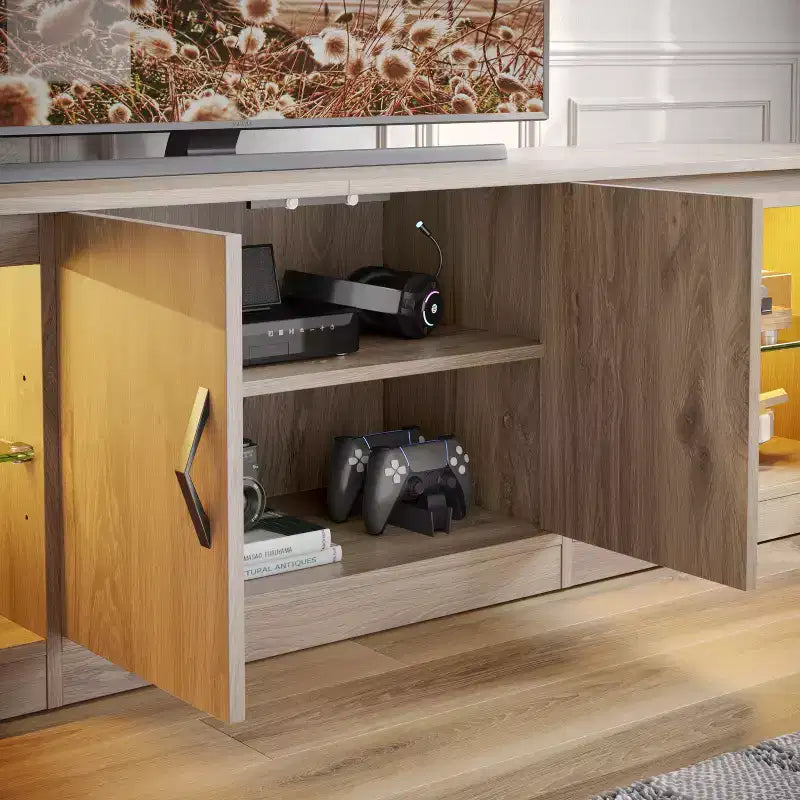 Mueble para TV de 70 pulgadas, para televisores de hasta 75 pulgadas, centro de entretenimiento y consola multimedia con estantes ajustables de vidrio templado y almacenamiento cerrado para la sala de estar