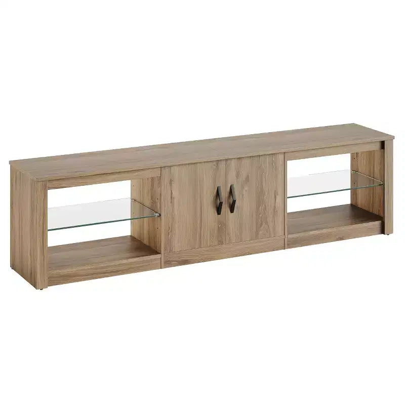 Mueble para TV de 70 pulgadas, para televisores de hasta 75 pulgadas, centro de entretenimiento y consola multimedia con estantes ajustables de vidrio templado y almacenamiento cerrado para la sala de estar