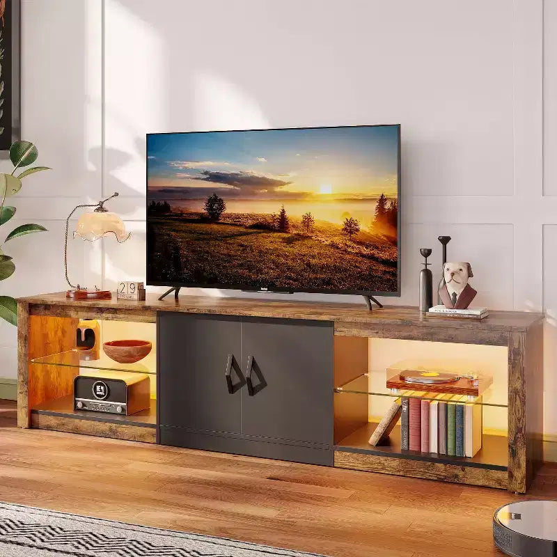 Mueble para TV de 70 pulgadas, para televisores de hasta 75 pulgadas, centro de entretenimiento y consola multimedia con estantes ajustables de vidrio templado y almacenamiento cerrado para la sala de estar
