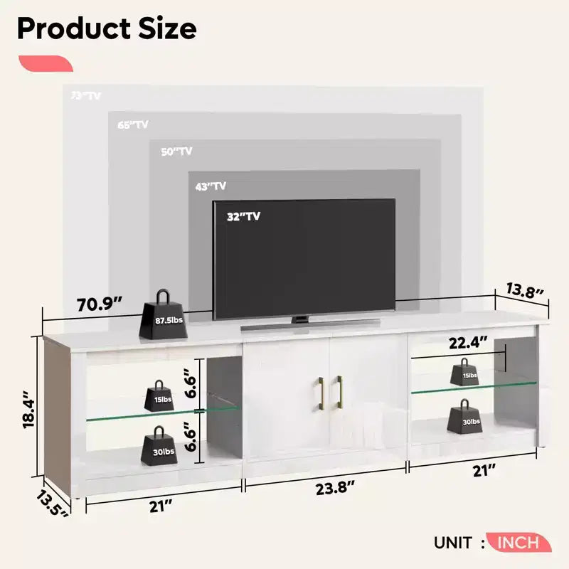 Meuble TV de 70 pouces pour téléviseurs jusqu’à 75 pouces, avec étagères réglables en verre trempé et rangements fermés pour le salon