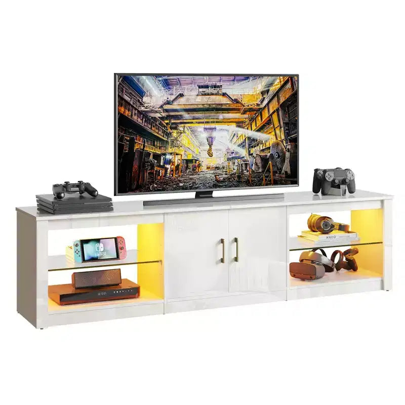 Mueble para TV de 70 pulgadas, para televisores de hasta 75 pulgadas, centro de entretenimiento y consola multimedia con estantes ajustables de vidrio templado y almacenamiento cerrado para la sala de estar