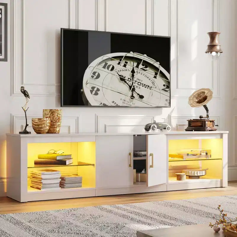 Bestier 70 LED TV Stand for TVs up to 75, Entertainment Center Media Console with Adjustable Tempered Glass Shelves &amp; Closed Storage for Living Room