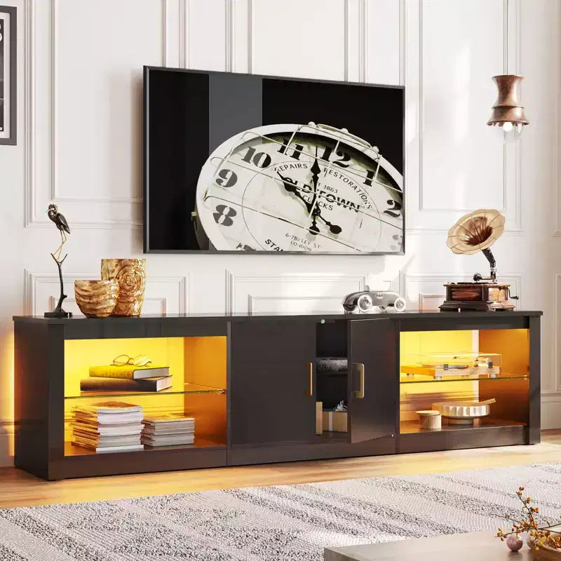 Meuble TV de 70 pouces pour téléviseurs jusqu’à 75 pouces, avec étagères réglables en verre trempé et rangements fermés pour le salon