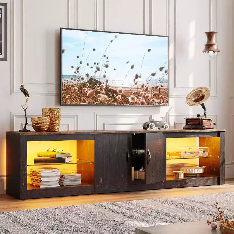 Meuble TV de 70 pouces pour téléviseurs jusqu’à 75 pouces, avec étagères réglables en verre trempé et rangements fermés pour le salon