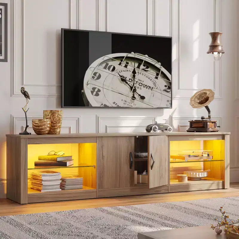 Meuble TV de 70 pouces pour téléviseurs jusqu’à 75 pouces, avec étagères réglables en verre trempé et rangements fermés pour le salon