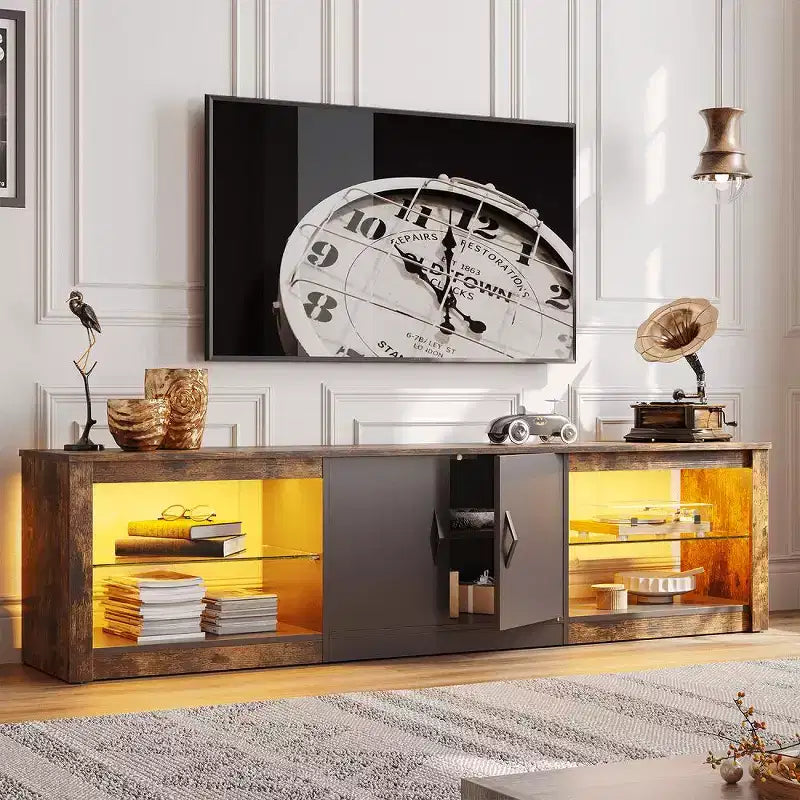 Meuble TV de 70 pouces pour téléviseurs jusqu’à 75 pouces, avec étagères réglables en verre trempé et rangements fermés pour le salon