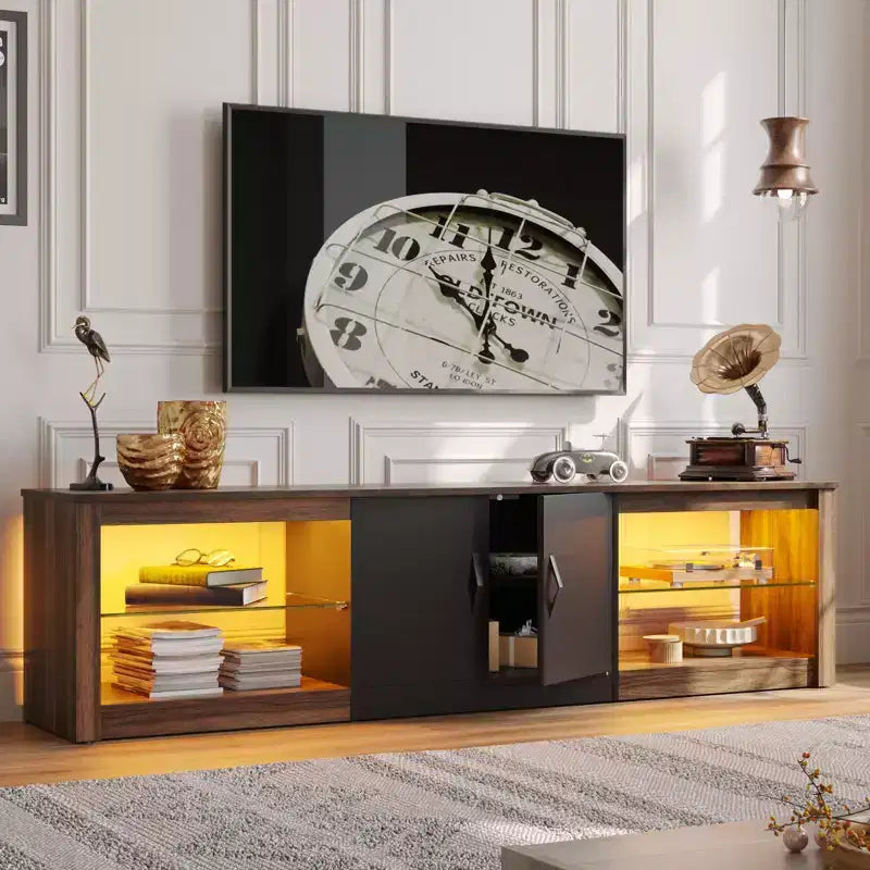 Meuble TV de 70 pouces pour téléviseurs jusqu’à 75 pouces, avec étagères réglables en verre trempé et rangements fermés pour le salon