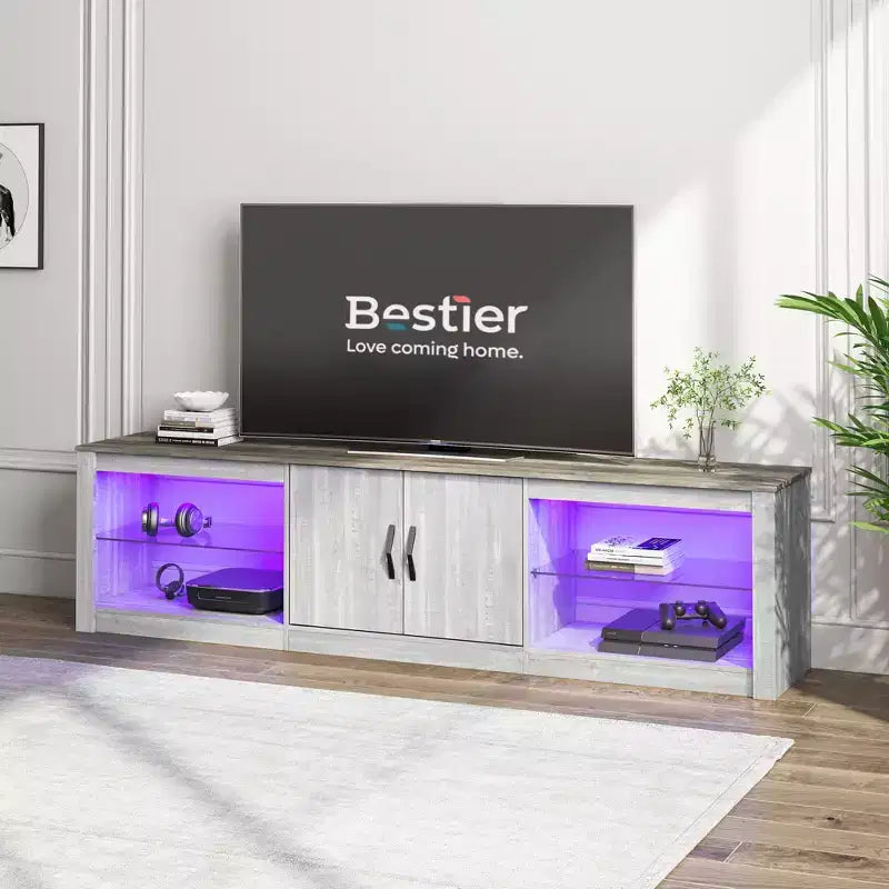 Meuble TV de 70 pouces pour téléviseurs jusqu’à 75 pouces, avec étagères réglables en verre trempé et rangements fermés pour le salon