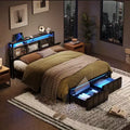 Bestier Full Bed Frame with Hidden Storage Headboard&amp;Dual LED Light,Black PU Leather Bed with 2 Drawers, 2 Tier Shelves with Charging Station