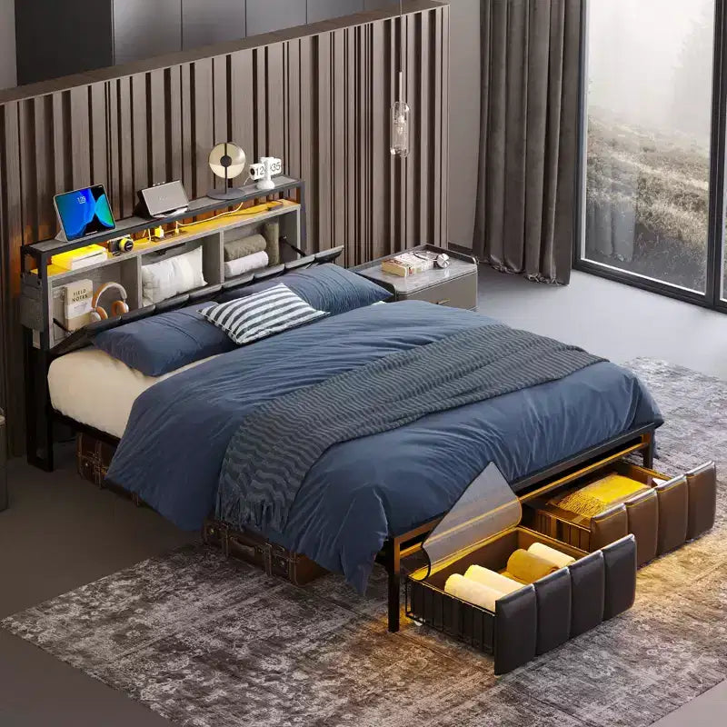 Cadre de lit avec tête de lit à rangement caché et double éclairage LED, lit en cuir PU noir avec 2 tiroirs, 2 étagères et station de recharge