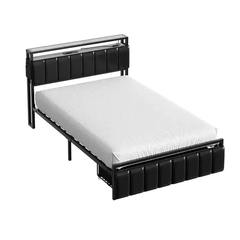 Cadre de lit avec tête de lit à rangement caché et double éclairage LED, lit en cuir PU noir avec 2 tiroirs, 2 étagères et station de recharge