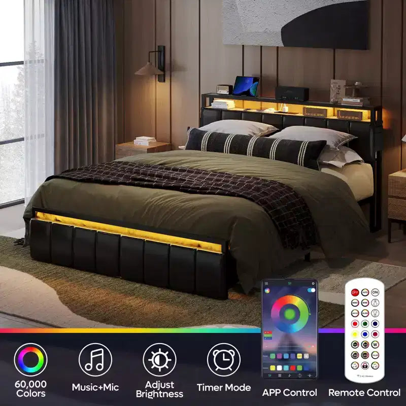 Cadre de lit avec tête de lit à rangement caché et double éclairage LED, lit en cuir PU noir avec 2 tiroirs, 2 étagères et station de recharge