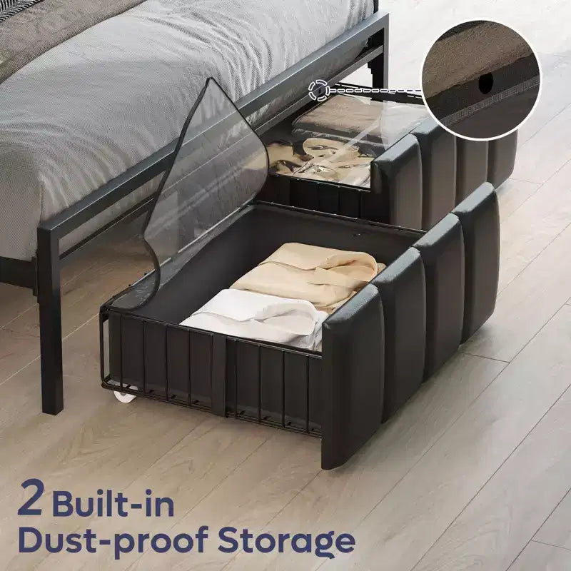 Cadre de lit avec tête de lit à rangement caché et double éclairage LED, lit en cuir PU noir avec 2 tiroirs, 2 étagères et station de recharge