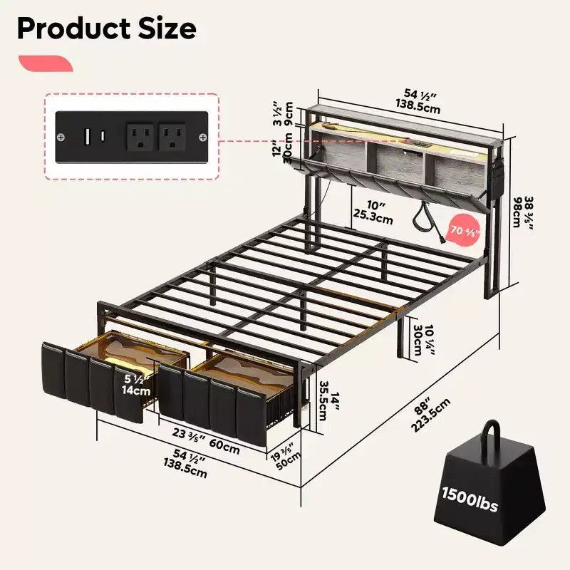Cadre de lit avec tête de lit à rangement caché et double éclairage LED, lit en cuir PU noir avec 2 tiroirs, 2 étagères et station de recharge