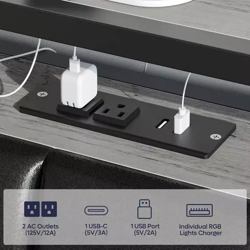 Cadre de lit avec tête de lit à rangement caché et double éclairage LED, lit en cuir PU noir avec 2 tiroirs, 2 étagères et station de recharge