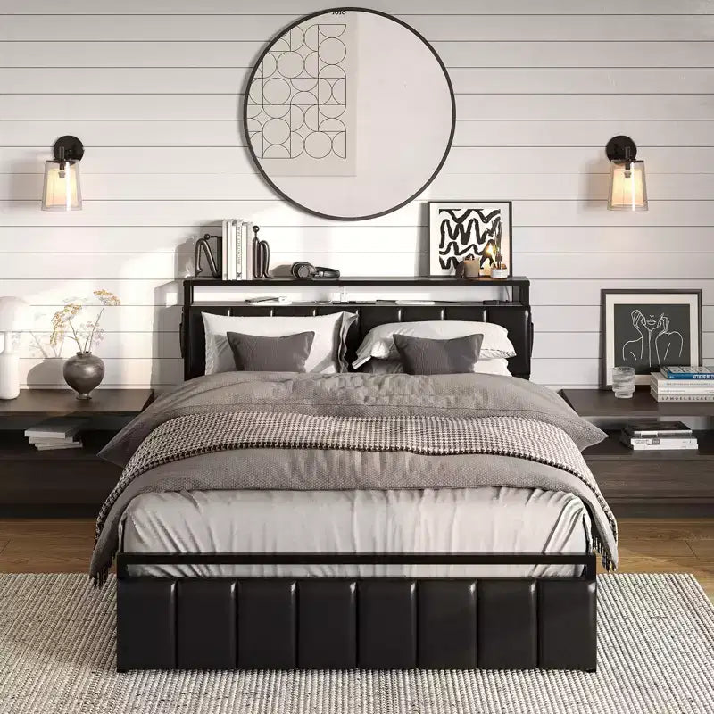 Cadre de lit avec tête de lit à rangement caché et double éclairage LED, lit en cuir PU noir avec 2 tiroirs, 2 étagères et station de recharge