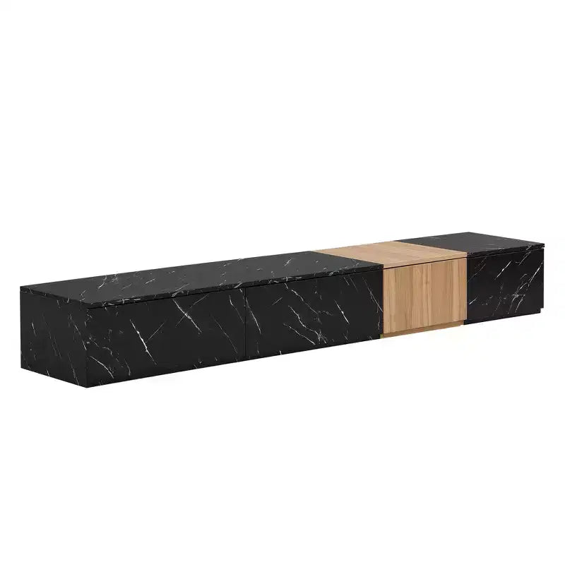 Mueble para TV de 79W para televisores de hasta 88'', centro de entretenimiento de configuración libre con 4 cajones de almacenamiento y acabado de imitación mármol y veta de nogal