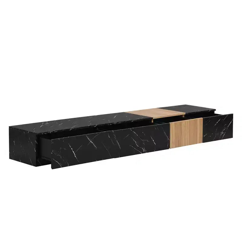 Mueble para TV de 79W para televisores de hasta 88'', centro de entretenimiento de configuración libre con 4 cajones de almacenamiento y acabado de imitación mármol y veta de nogal