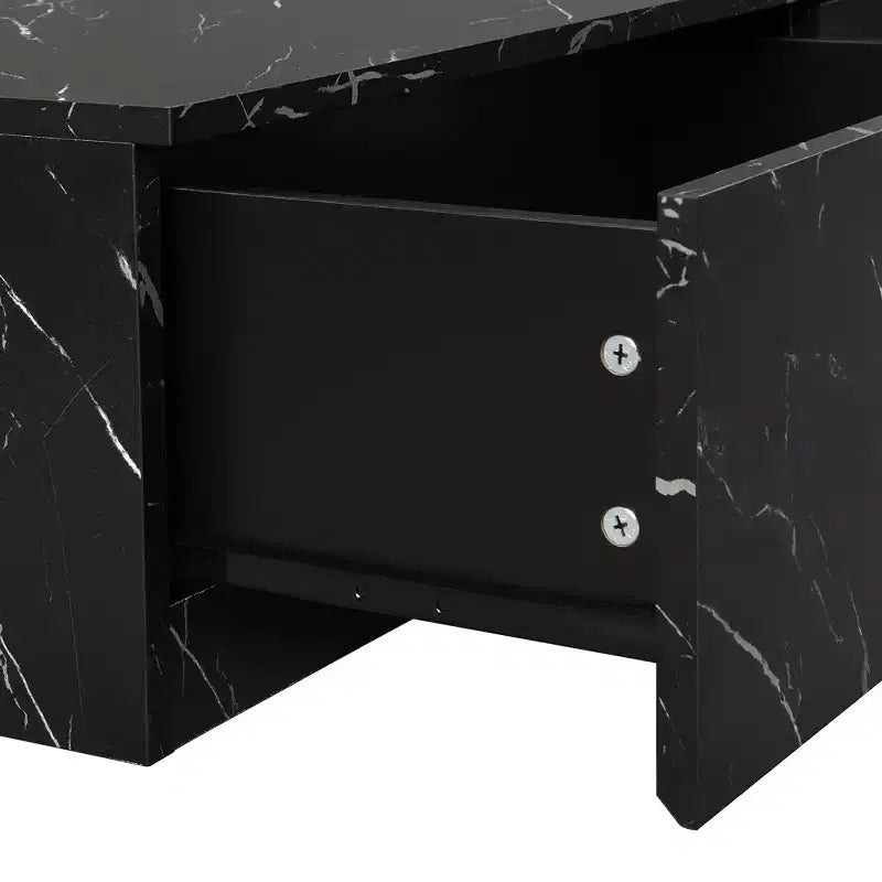 Mueble para TV de 79W para televisores de hasta 88'', centro de entretenimiento de configuración libre con 4 cajones de almacenamiento y acabado de imitación mármol y veta de nogal