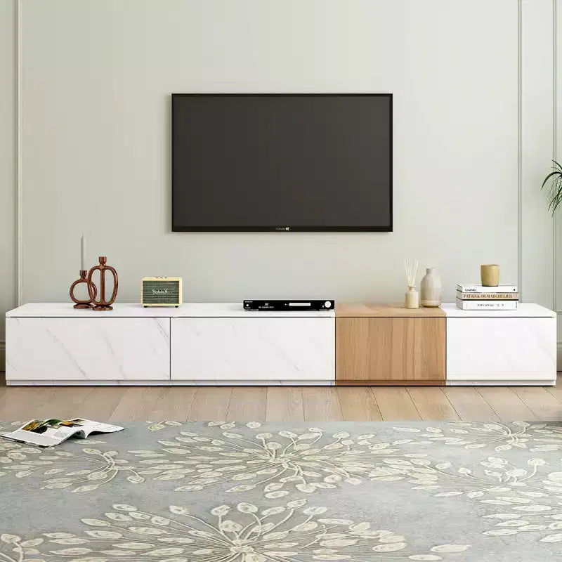Mueble para TV de 79W para televisores de hasta 88'', centro de entretenimiento de configuración libre con 4 cajones de almacenamiento y acabado de imitación mármol y veta de nogal