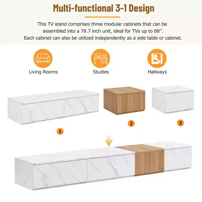 Mueble para TV de 79W para televisores de hasta 88'', centro de entretenimiento de configuración libre con 4 cajones de almacenamiento y acabado de imitación mármol y veta de nogal