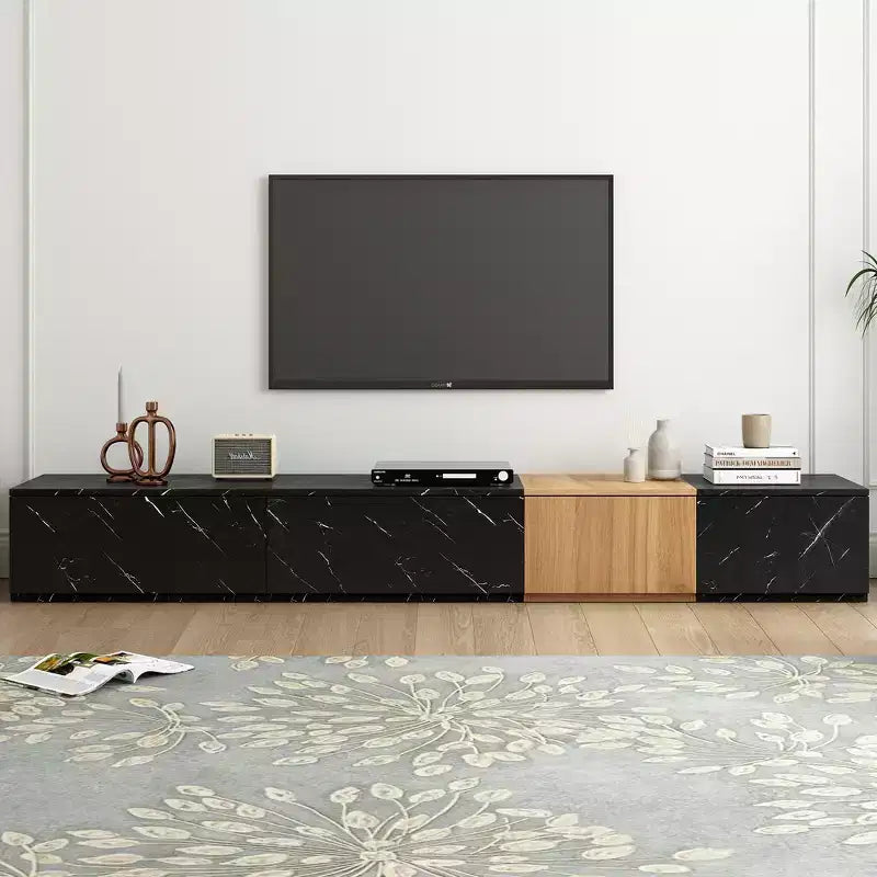 Meuble TV de 79W pour téléviseurs jusqu’à 88'', centre de divertissement modulable avec 4 tiroirs de rangement et finition imitation marbre et veinage de noyer