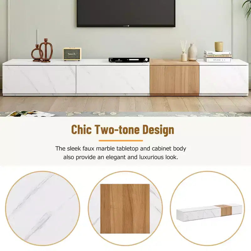 Mueble para TV de 79W para televisores de hasta 88'', centro de entretenimiento de configuración libre con 4 cajones de almacenamiento y acabado de imitación mármol y veta de nogal