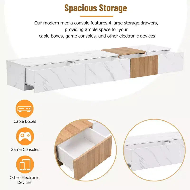 Mueble para TV de 79W para televisores de hasta 88'', centro de entretenimiento de configuración libre con 4 cajones de almacenamiento y acabado de imitación mármol y veta de nogal