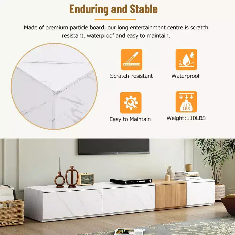 Mueble para TV de 79W para televisores de hasta 88'', centro de entretenimiento de configuración libre con 4 cajones de almacenamiento y acabado de imitación mármol y veta de nogal