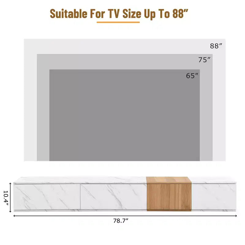 Mueble para TV de 79W para televisores de hasta 88'', centro de entretenimiento de configuración libre con 4 cajones de almacenamiento y acabado de imitación mármol y veta de nogal