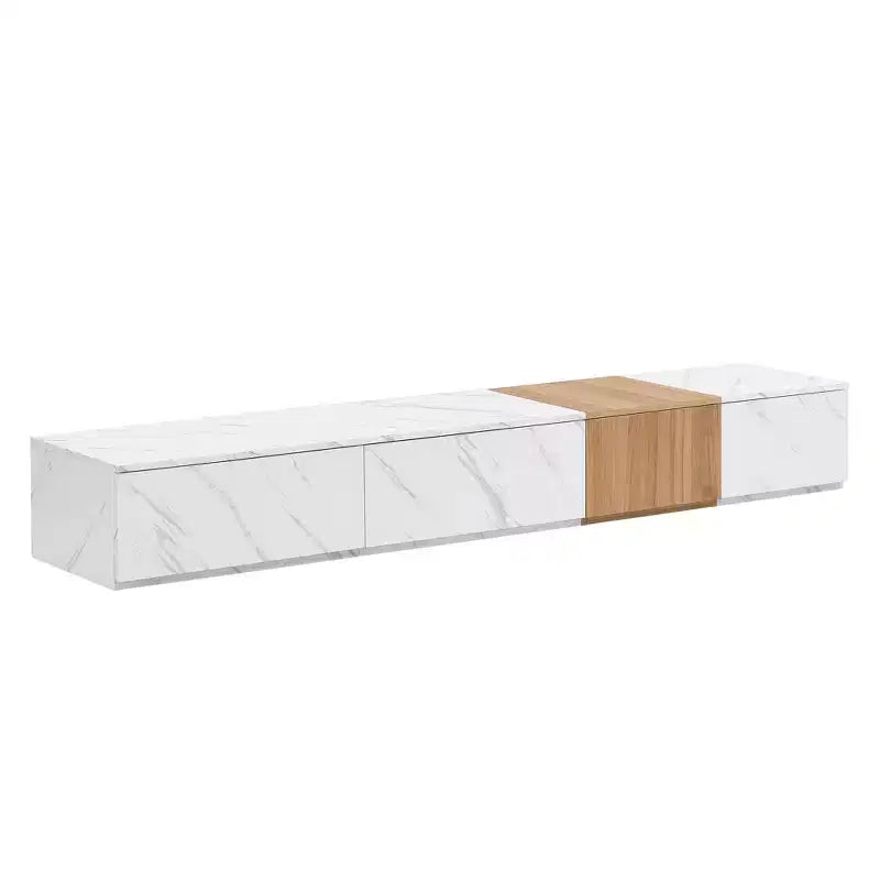 Mueble para TV de 79W para televisores de hasta 88'', centro de entretenimiento de configuración libre con 4 cajones de almacenamiento y acabado de imitación mármol y veta de nogal
