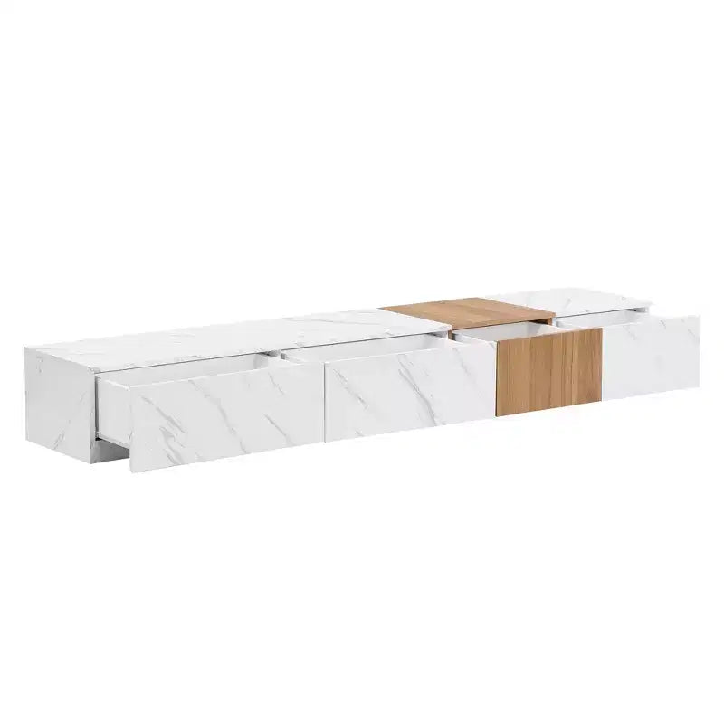 Mueble para TV de 79W para televisores de hasta 88'', centro de entretenimiento de configuración libre con 4 cajones de almacenamiento y acabado de imitación mármol y veta de nogal