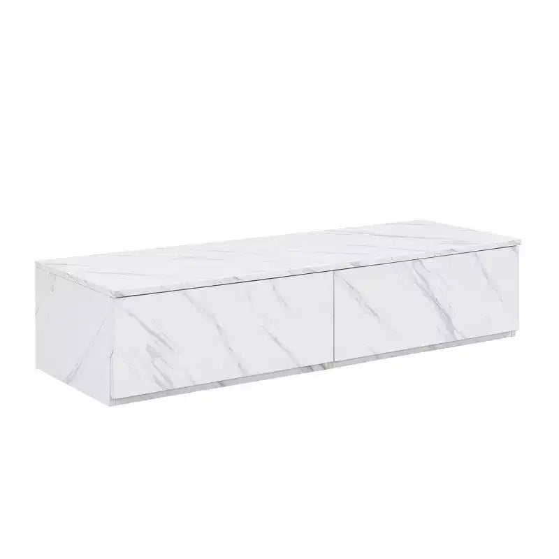 Mueble para TV de 79W para televisores de hasta 88'', centro de entretenimiento de configuración libre con 4 cajones de almacenamiento y acabado de imitación mármol y veta de nogal